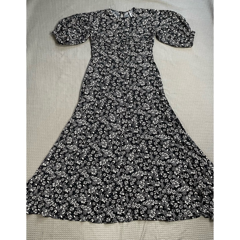 Free People Jessie Floral Midi Dress 0 Womens Black Cream Puff Sleeve Boho